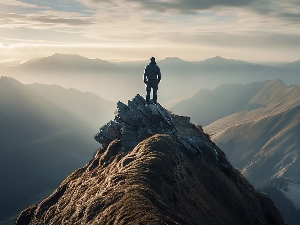 A picture from Pexels.com of a mountain and some people hiking and rising their hands in the air.